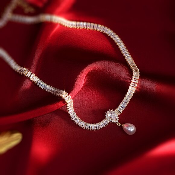 NEW 14K Gold Plated Baguette Diamond Pearl Drop Necklace - Picture 12 of 12